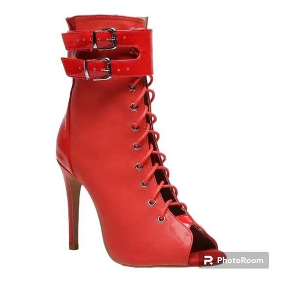 NWT BURJU Under The Influence Open Toe Lace Up Buckle Ankle Boots | Red 6