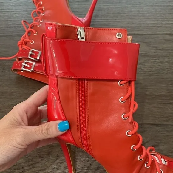 NWT BURJU Under The Influence Open Toe Lace Up Buckle Ankle Boots | Red 6