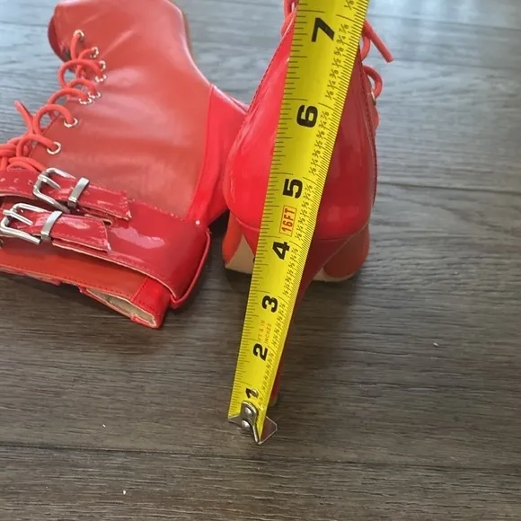 NWT BURJU Under The Influence Open Toe Lace Up Buckle Ankle Boots | Red 6