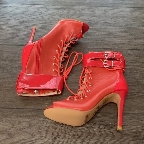 NWT BURJU Under The Influence Open Toe Lace Up Buckle Ankle Boots | Red 6