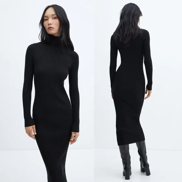 NWT Mango Mng Turtleneck Ribbed Knit Long Sleeved Midi Dress Black Minimalist S
