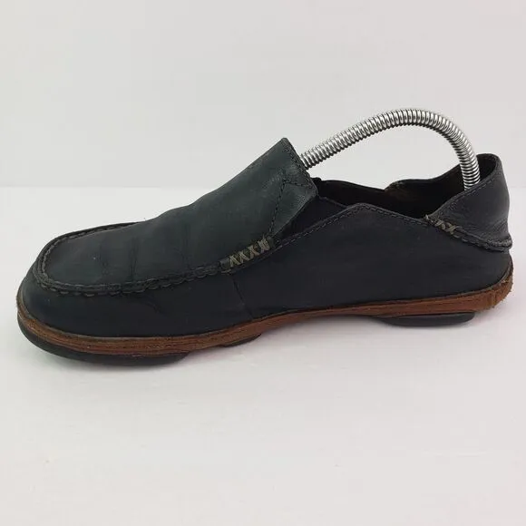 Olukai Moloa Mens Size 8.5 Black Leather Casual Loafer Shoes 10128 4033