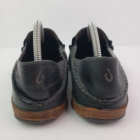 Olukai Moloa Mens Size 8.5 Black Leather Casual Loafer Shoes 10128 4033
