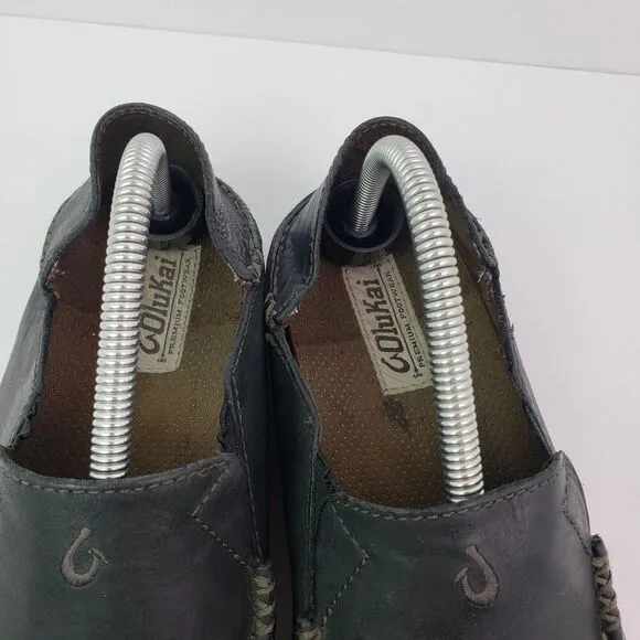 Olukai Moloa Mens Size 8.5 Black Leather Casual Loafer Shoes 10128 4033