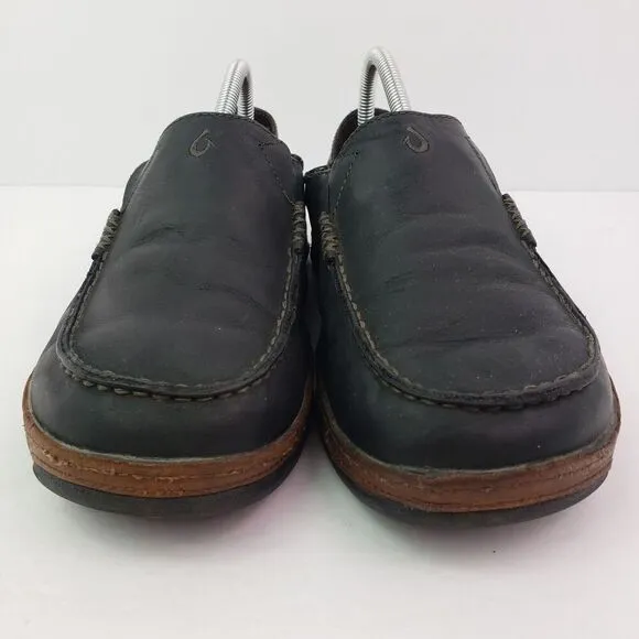 Olukai Moloa Mens Size 8.5 Black Leather Casual Loafer Shoes 10128 4033