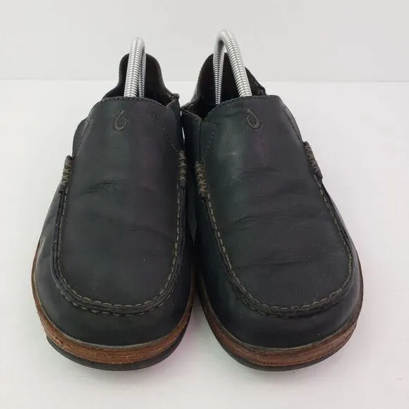 Olukai Moloa Mens Size 8.5 Black Leather Casual Loafer Shoes 10128 4033