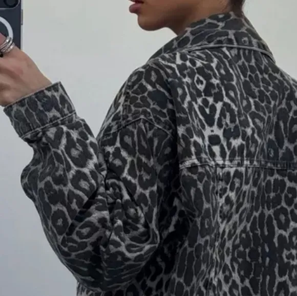 Oversized Leopard Animal Cotton Denim Jacket Collared Boyfriend Jean Shacket
