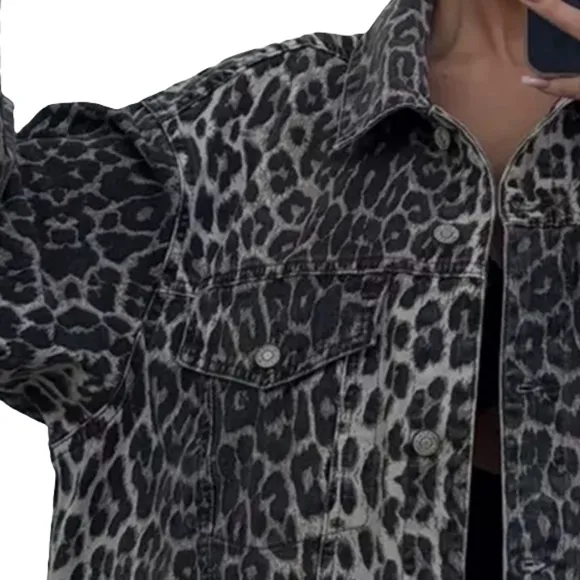 Oversized Leopard Animal Cotton Denim Jacket Collared Boyfriend Jean Shacket