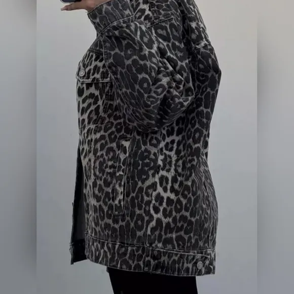 Oversized Leopard Animal Cotton Denim Jacket Collared Boyfriend Jean Shacket