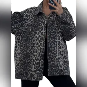 Oversized Leopard Animal Cotton Denim Jacket Collared Boyfriend Jean Shacket