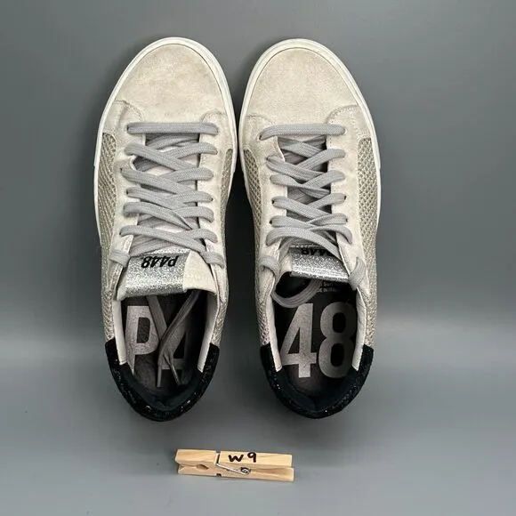 P448 Thea Women's 6.5 Ivory Sneakers Suede Lace-Up Low Casual Flat Shoes Silver