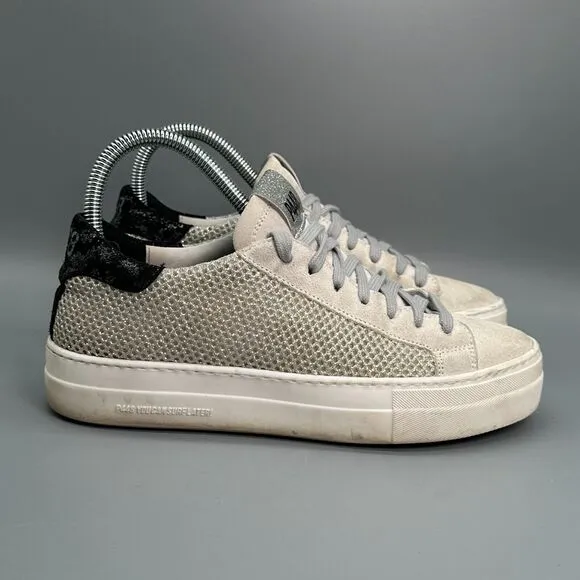 P448 Thea Women's 6.5 Ivory Sneakers Suede Lace-Up Low Casual Flat Shoes Silver