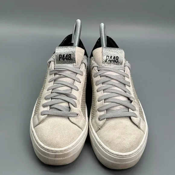 P448 Thea Women's 6.5 Ivory Sneakers Suede Lace-Up Low Casual Flat Shoes Silver