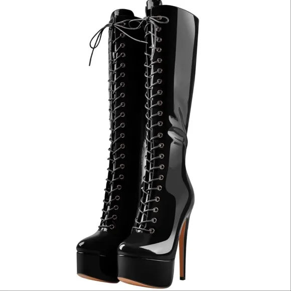 Patent Leather Platform Lace Up Knee High Boots Sexy Size 10 Catwoman Stiletto