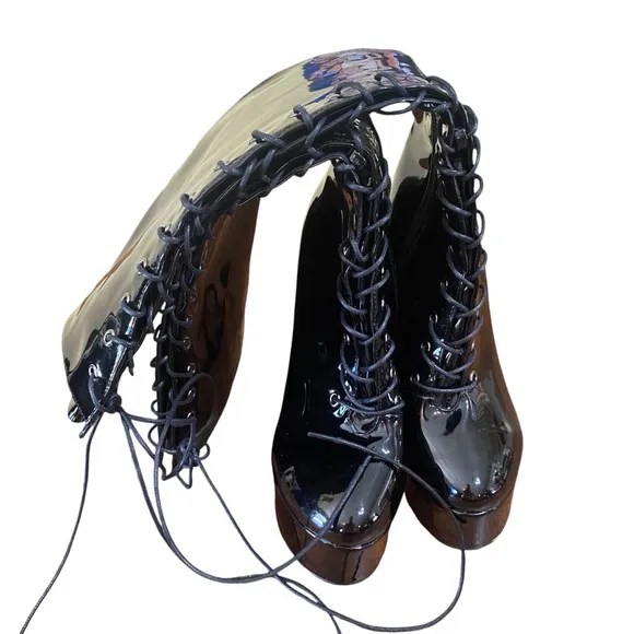 Patent Leather Platform Lace Up Knee High Boots Sexy Size 10 Catwoman Stiletto