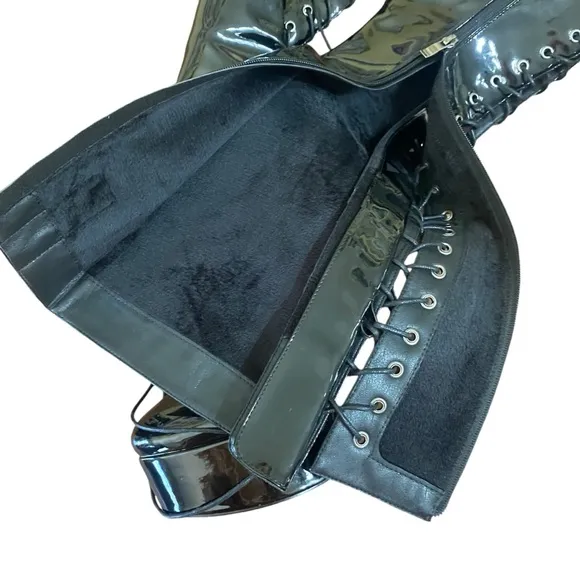 Patent Leather Platform Lace Up Knee High Boots Sexy Size 10 Catwoman Stiletto