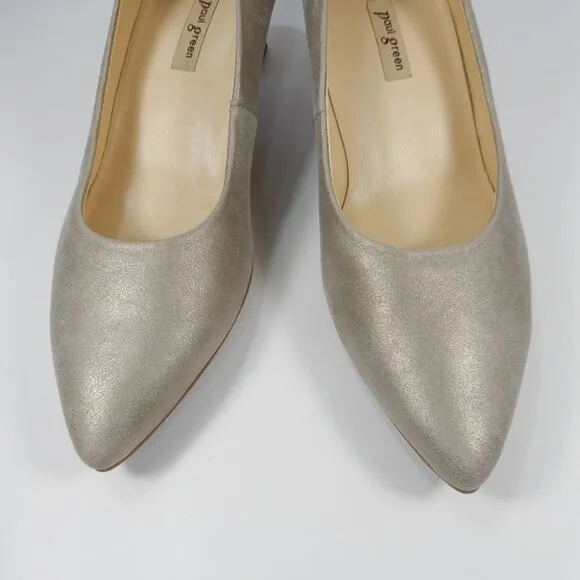 PAUL GREEN Nikki Pointed Toe Kitten Heel Pump 7.5 Champagne Suede Metallic NEW