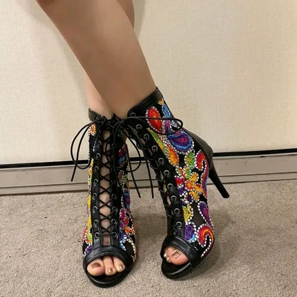 Peep Toe Lace-Up Back Zipper Embroidery Color Block Fashionable Versatile Boots