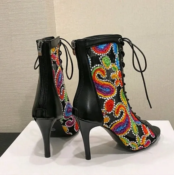 Peep Toe Lace-Up Back Zipper Embroidery Color Block Fashionable Versatile Boots