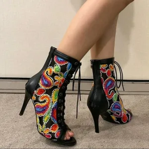 Peep Toe Lace-Up Back Zipper Embroidery Color Block Fashionable Versatile Boots