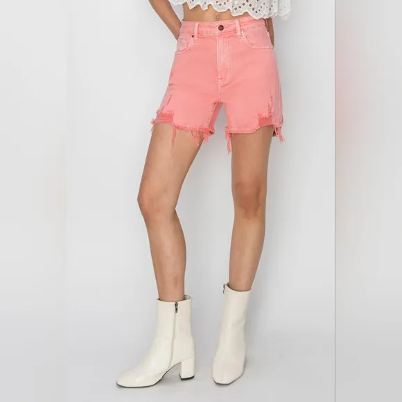 Pink High Rise Waist Distressed Denim Cut-off Frayed Mid-length Jean Shorts RISE