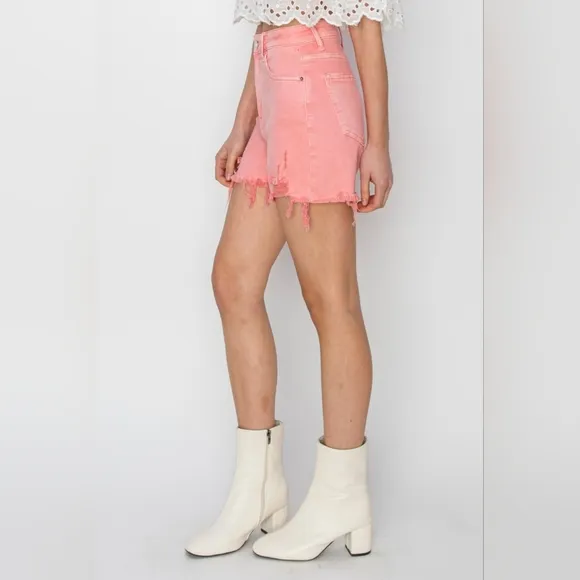 Pink High Rise Waist Distressed Denim Cut-off Frayed Mid-length Jean Shorts RISE