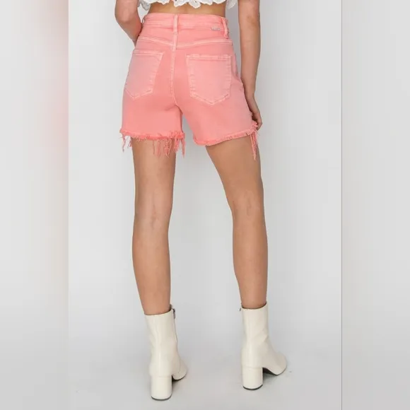 Pink High Rise Waist Distressed Denim Cut-off Frayed Mid-length Jean Shorts RISE