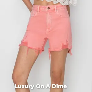 Pink High Rise Waist Distressed Denim Cut-off Frayed Mid-length Jean Shorts RISE