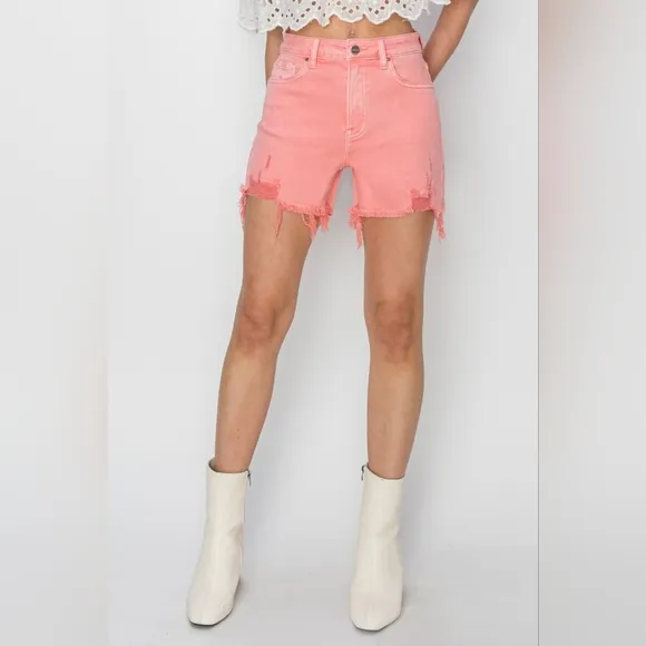 Pink High Rise Waist Distressed Denim Cut-off Frayed Mid-length Jean Shorts RISE