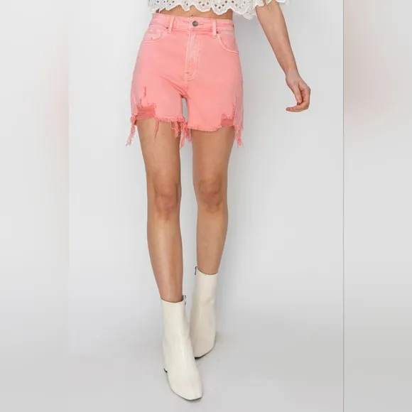 Pink High Rise Waist Distressed Denim Cut-off Frayed Mid-length Jean Shorts RISE