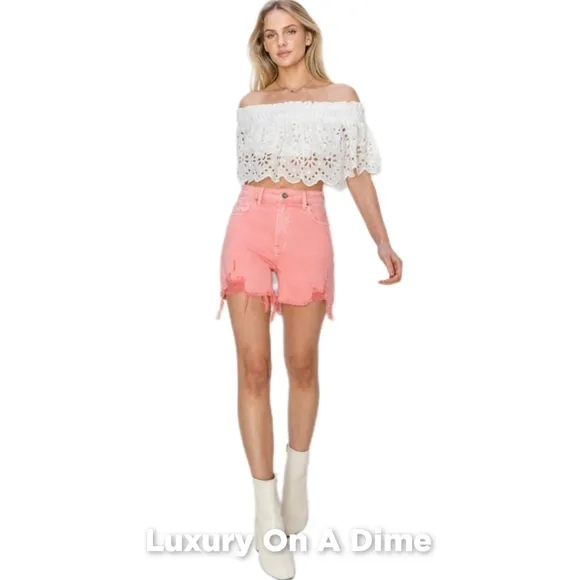 Pink High Rise Waist Distressed Denim Cut-off Frayed Mid-length Jean Shorts RISE
