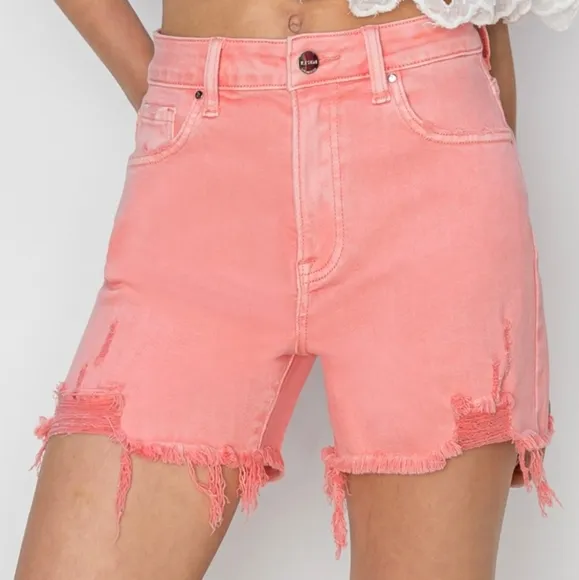 Pink High Rise Waist Distressed Denim Cut-off Frayed Mid-length Jean Shorts RISE