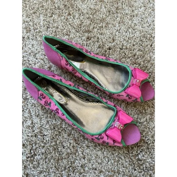 POETIC‎ LICENCE WOMENS DANTY DOLL PINK CHERRIES BOW PEEP TOE SHOES 8 1/2 M