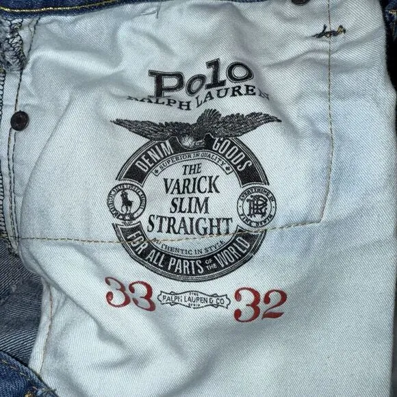 Polo Ralph Lauren Varick Slim Straight Distressed‎ Denim Jeans Size 33x32