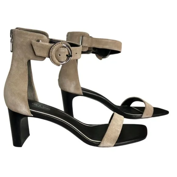Rag &amp; Bone Ellis Mid Heel Suede Leather Sandal In Light Sand Size 38, US 8