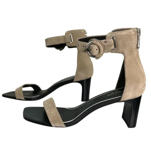 Rag &amp; Bone Ellis Mid Heel Suede Leather Sandal In Light Sand Size 38, US 8