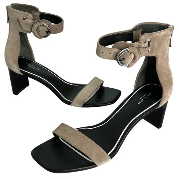 Rag &amp; Bone Ellis Mid Heel Suede Leather Sandal In Light Sand Size 38, US 8