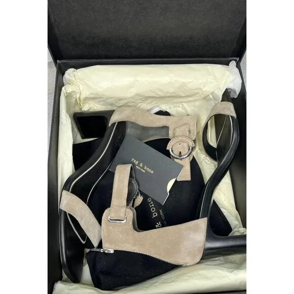 Rag &amp; Bone Ellis Mid Heel Suede Leather Sandal In Light Sand Size 38, US 8