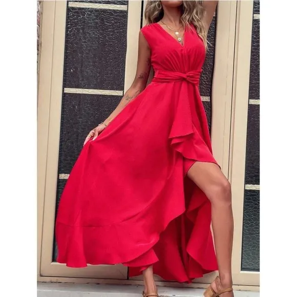 RED High Low Hem Twist Waist Maxi Dress
