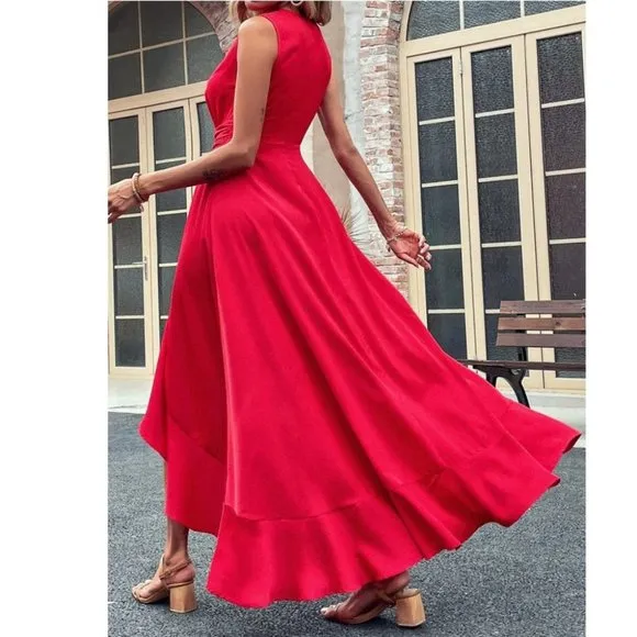 RED High Low Hem Twist Waist Maxi Dress