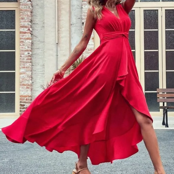 RED High Low Hem Twist Waist Maxi Dress