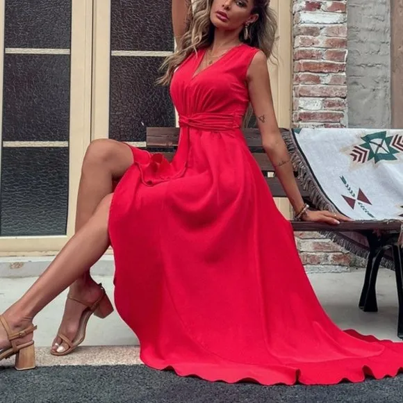 RED High Low Hem Twist Waist Maxi Dress