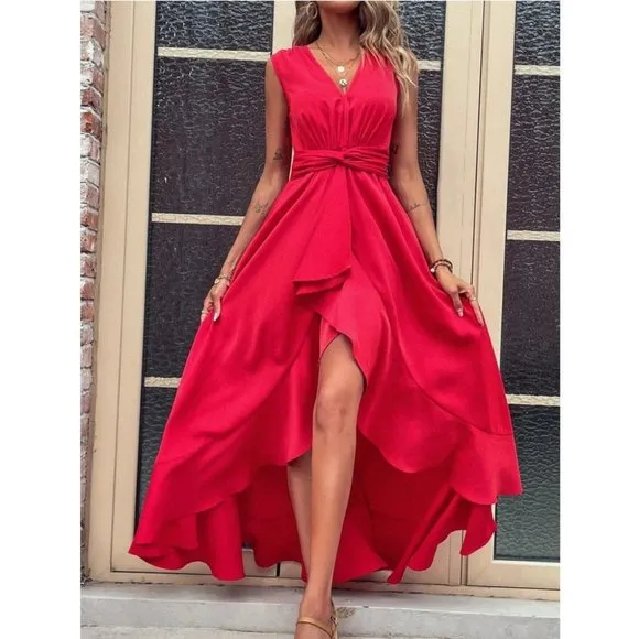 RED High Low Hem Twist Waist Maxi Dress