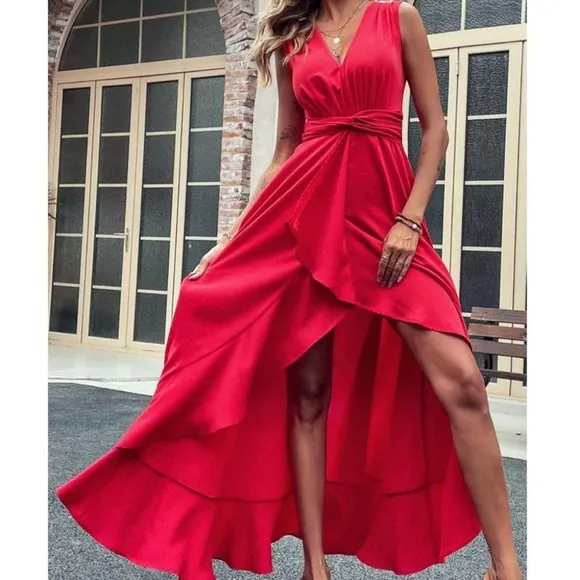 RED High Low Hem Twist Waist Maxi Dress