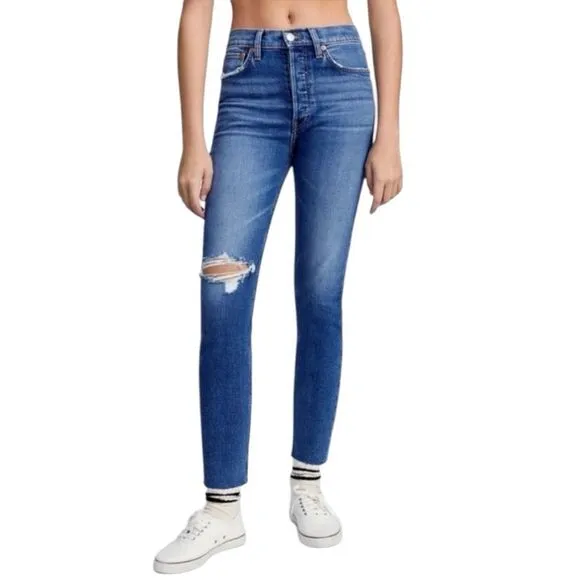 Re/Done 90’s High Rise Ankle Crop Medium Wash Raw Hem Size 29