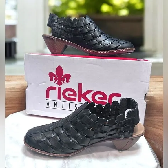 RIEKER Sina Leather Woven Slingback Black Womens Size 5 EU 36