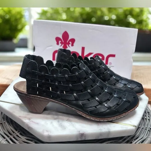 RIEKER Sina Leather Woven Slingback Black Womens Size 5 EU 36