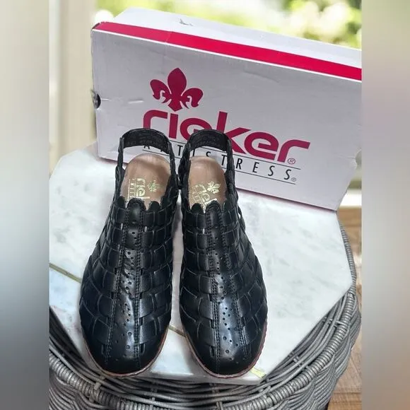 RIEKER Sina Leather Woven Slingback Black Womens Size 5 EU 36