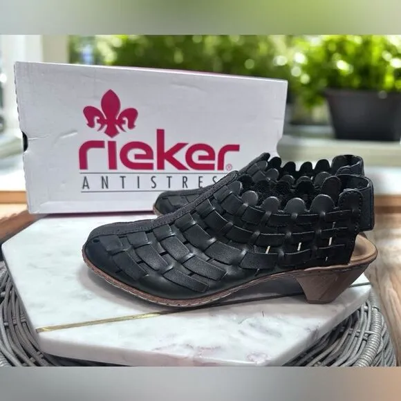 RIEKER Sina Leather Woven Slingback Black Womens Size 5 EU 36