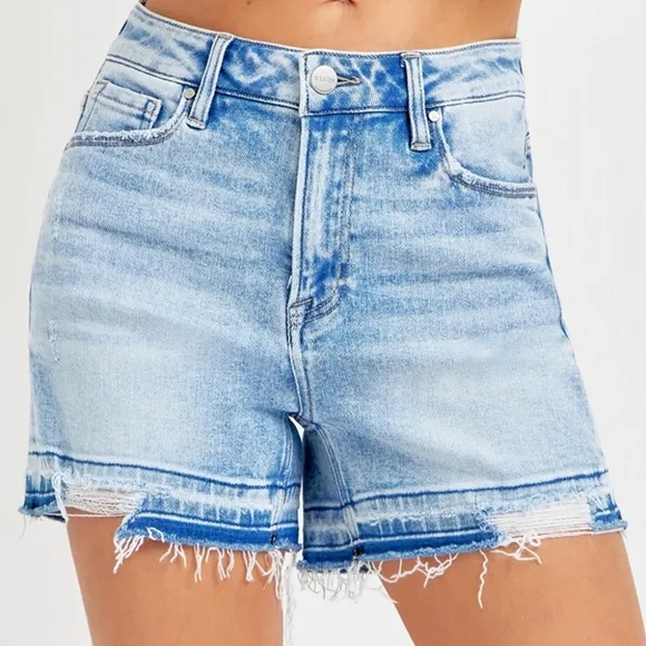 RISEN Cut-off Frayed High Rise Waist Distressed Blue Denim Mid-length Jean Short